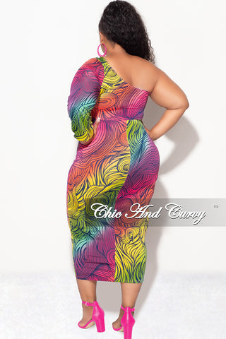 Final Sale Plus Size One Shoulder Midi Dress in Fuchsia Yellow and Green Design Print