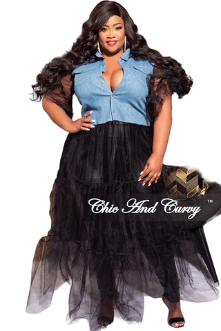 Final Sale Plus Size Collar Button Up Tulle Top in Denim and Black
