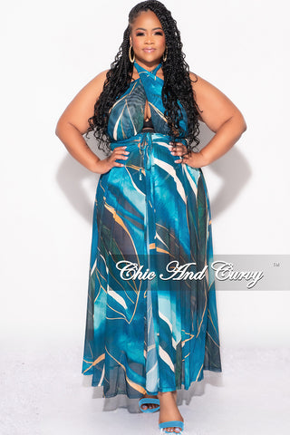 Final Sale Plus Size Faux Wrap Mesh Maxi Cover Up with Double Slits in Blue Multi Color