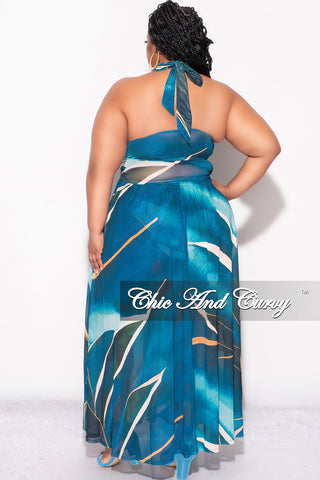 Final Sale Plus Size Faux Wrap Mesh Maxi Cover Up with Double Slits in Blue Multi Color