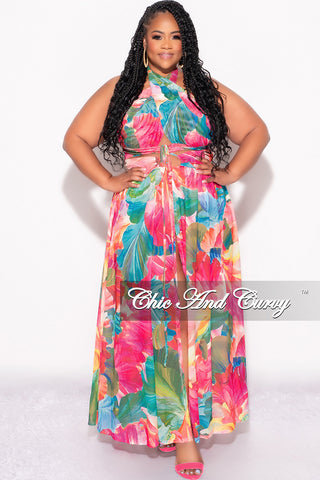 Final Sale Plus Size Faux Wrap Mesh Maxi Cover Up with Double Slits in Fuchsia Multi Color