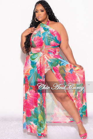 Final Sale Plus Size Faux Wrap Mesh Maxi Cover Up with Double Slits in Fuchsia Multi Color