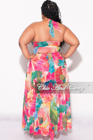 Final Sale Plus Size Faux Wrap Mesh Maxi Cover Up with Double Slits in Fuchsia Multi Color