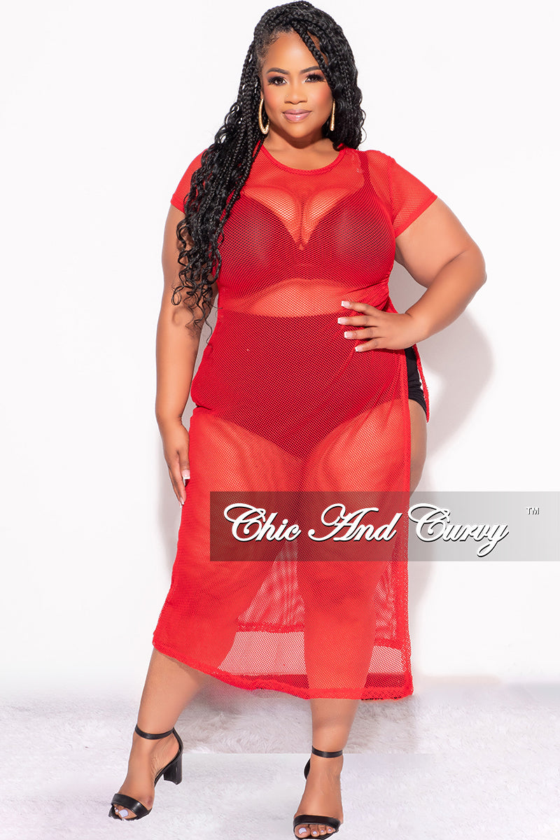 Final Sale Plus Size Off the Shoulder Fishnet Dress with Side Slit in Red or White