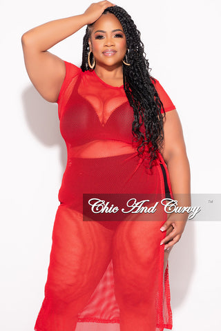 Final Sale Plus Size Off the Shoulder Fishnet Dress with Side Slit in Red or White