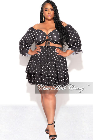 Final Sale Plus Size 2pc Set Off the Shoulder Crop Tie Top and Ruffle Layered Hem Mini Skirt in Black & White Polka Dot