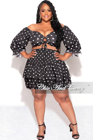 Final Sale Plus Size 2pc Set Off the Shoulder Crop Tie Top and Ruffle Layered Hem Mini Skirt in Black & White Polka Dot