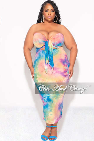 Final Sale Plus Size Strapless Bodycon Dress with Double Tie in Rainbow Cloud Tie Dye Print