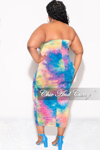 Final Sale Plus Size Strapless Bodycon Dress with Double Tie in Rainbow Cloud Tie Dye Print