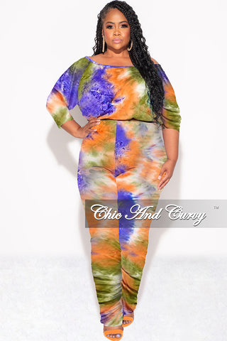 Final Sale Plus Size Jumpsuit with Ruched Legs in Purple, Green, Orange Tie Dye