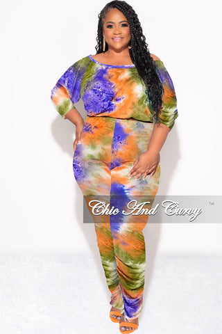 Final Sale Plus Size Jumpsuit with Ruched Legs in Purple, Green, Orange Tie Dye