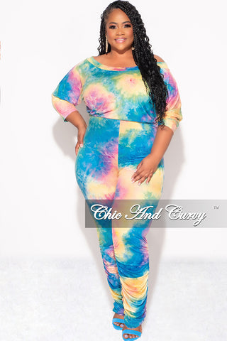 Final Sale Plus Size Jumpsuit with Ruched Legs in Rainbow Cloud Tie Dye Print