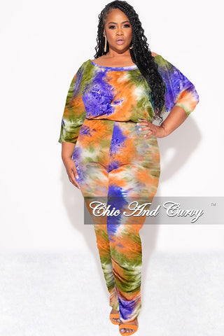 Final Sale Plus Size Jumpsuit with Ruched Legs in Purple, Green, Orange Tie Dye