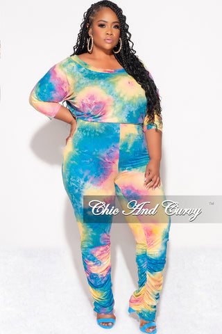 Final Sale Plus Size Jumpsuit with Ruched Legs in Rainbow Cloud Tie Dye Print