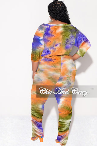 Final Sale Plus Size Jumpsuit with Ruched Legs in Purple, Green, Orange Tie Dye