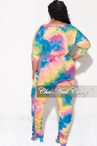 Final Sale Plus Size Jumpsuit with Ruched Legs in Rainbow Cloud Tie Dye Print