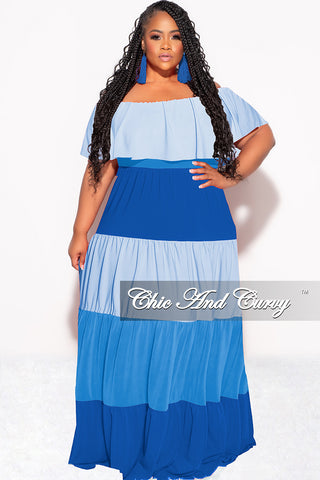 Final Sale Plus Size Off The Shoulder Tiered Maxi Dress in in Baby Blue and Royal Blue