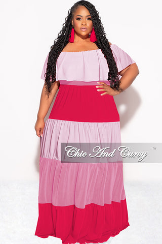 Final Sale Plus Size Off The Shoulder Tiered Maxi Dress in Pink and Red