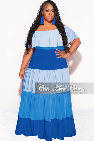 Final Sale Plus Size Off The Shoulder Tiered Maxi Dress in in Baby Blue and Royal Blue