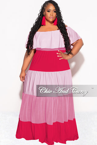 Final Sale Plus Size Off The Shoulder Tiered Maxi Dress in Pink and Red