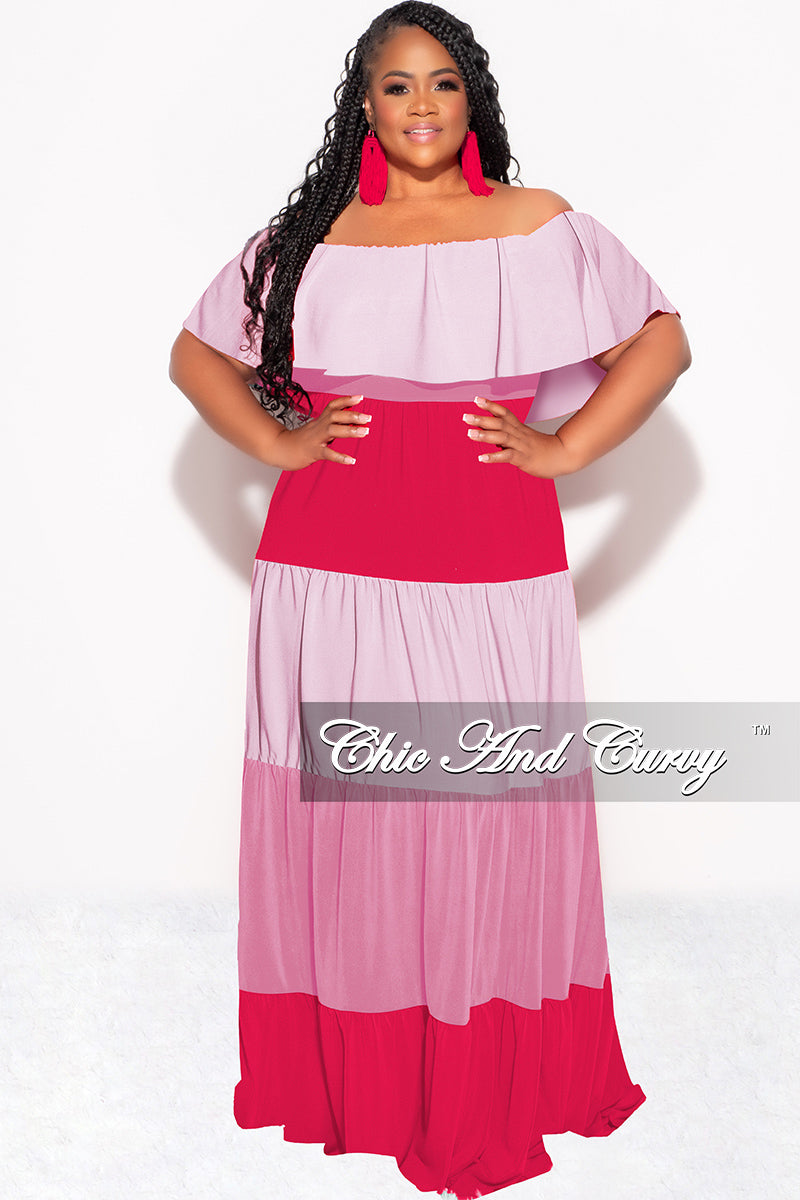 Final Sale Plus Size Off The Shoulder Tiered Maxi Dress in Pink and Red