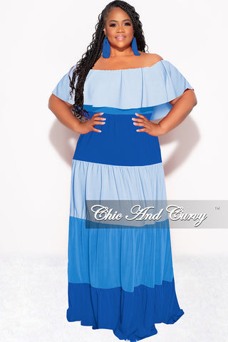 Final Sale Plus Size Off The Shoulder Tiered Maxi Dress in in Baby Blue and Royal Blue