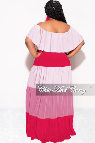 Final Sale Plus Size Off The Shoulder Tiered Maxi Dress in Pink and Red