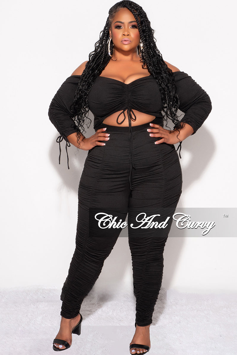 Final Sale Plus Size 2pc Set Ruched Top and Pants Set in Black