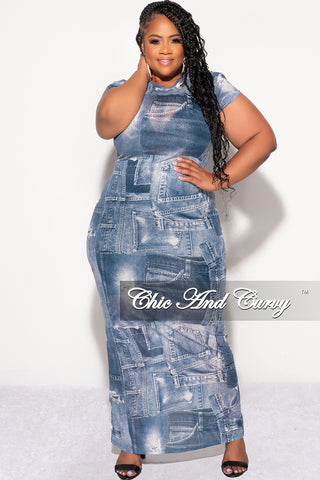 Final Sale Plus Size Sheer Midi Dress in Blue Denim Print