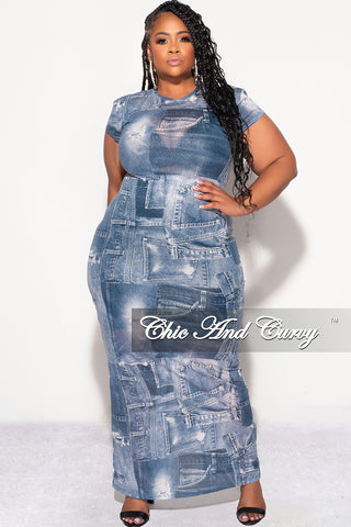 Final Sale Plus Size Sheer Midi Dress in Blue Denim Print