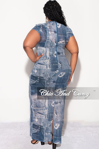 Final Sale Plus Size Sheer Midi Dress in Blue Denim Print