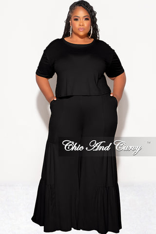 Final Sale Plus Size 2pc Crop Tie Top and 3-Layer Pants Set in Black