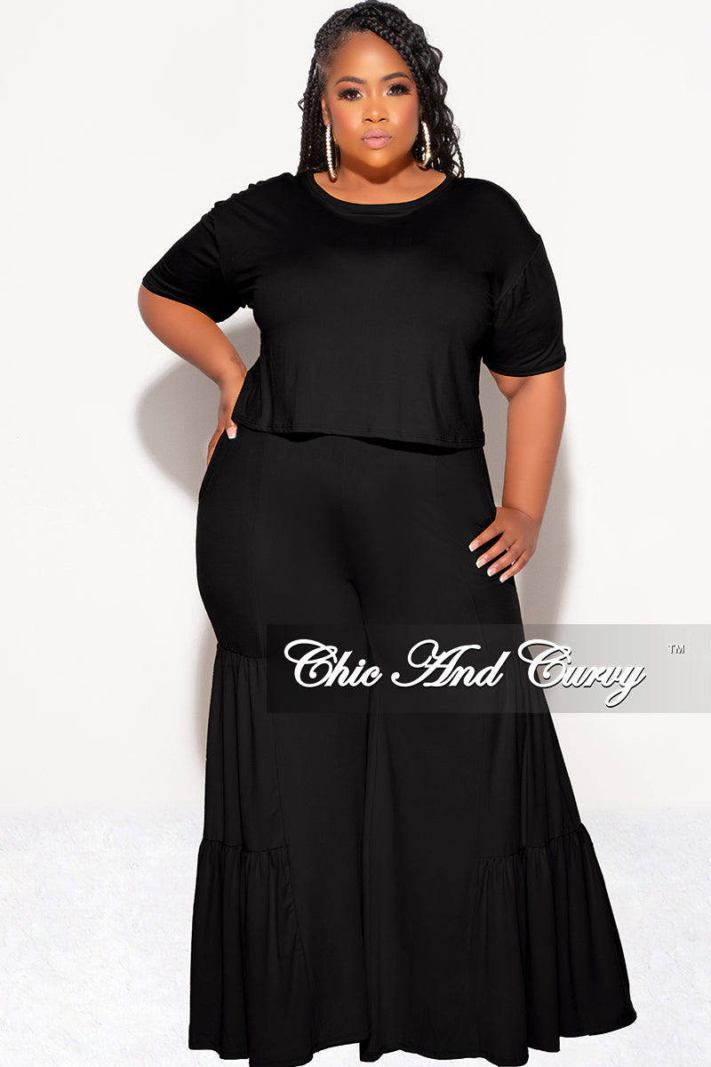 Final Sale Plus Size 2pc Crop Tie Top and 3-Layer Pants Set in Black