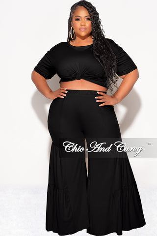 Final Sale Plus Size 2pc Crop Tie Top and 3-Layer Pants Set in Black