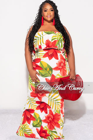 Final Sale Plus Size Off the Shoulder Ruffle Overlay Maxi Gown in White, Red, and Green Floral Print