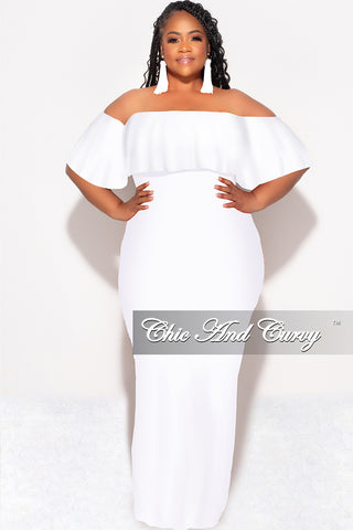 Final Sale Plus Size Off the Shoulder Ruffle Overlay Maxi Gown in White