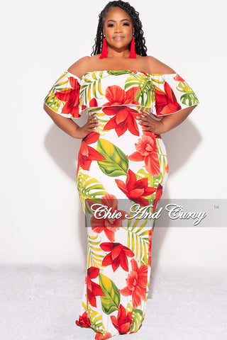 Final Sale Plus Size Off the Shoulder Ruffle Overlay Maxi Gown in White, Red, and Green Floral Print