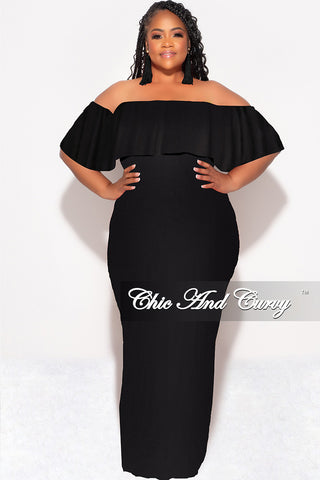 Final Sale Plus Size Off the Shoulder Ruffle Overlay Maxi Gown in Black