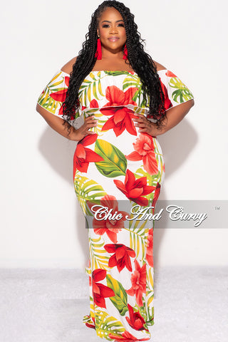 Final Sale Plus Size Off the Shoulder Ruffle Overlay Maxi Gown in White, Red, and Green Floral Print