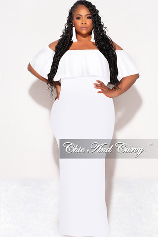 Final Sale Plus Size Off the Shoulder Ruffle Overlay Maxi Gown in White