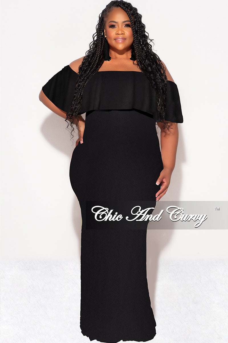 Final Sale Plus Size Off the Shoulder Ruffle Overlay Maxi Gown in Black