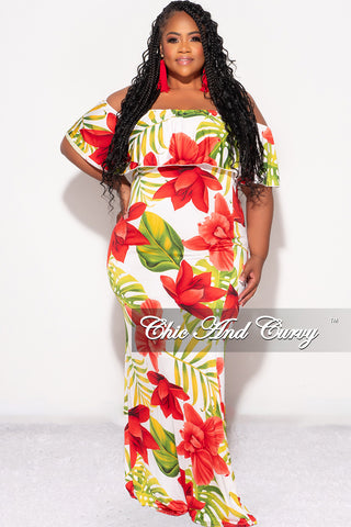 Final Sale Plus Size Off the Shoulder Ruffle Overlay Maxi Gown in White, Red, and Green Floral Print