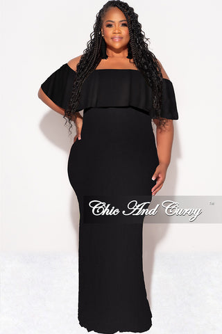 Final Sale Plus Size Off the Shoulder Ruffle Overlay Maxi Gown in Black