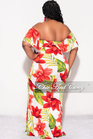 Final Sale Plus Size Off the Shoulder Ruffle Overlay Maxi Gown in White, Red, and Green Floral Print