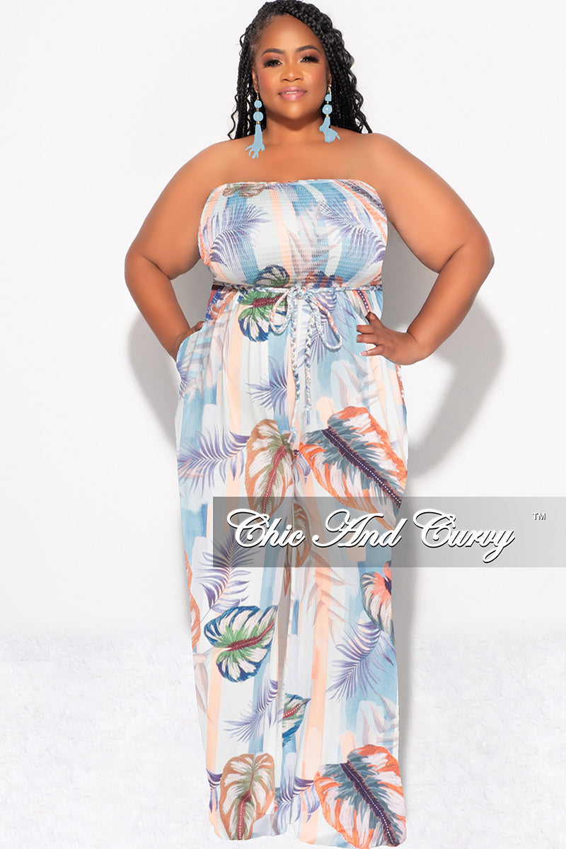 Final Sale Plus Size Strapless Jumpsuit with Tie in Blue Multi Color Striped Leaf Print