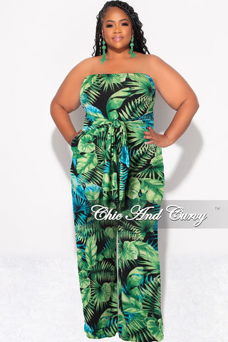 Final Sale Plus Size Strapless Jumpsuit with Waist Tie in Green & Turquoise Palm Print