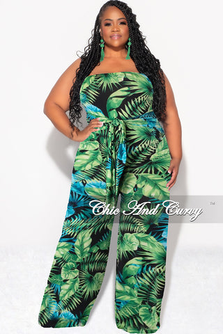 Final Sale Plus Size Strapless Jumpsuit with Waist Tie in Green & Turquoise Palm Print