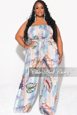 Final Sale Plus Size Strapless Jumpsuit with Tie in Blue Multi Color Striped Leaf Print