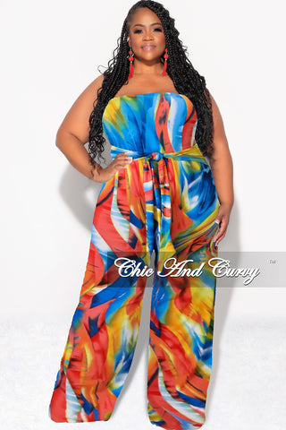 Final Sale Plus Size Strapless Jumpsuit with Waist Tie in Multi Color Print