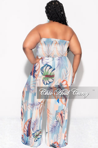 Final Sale Plus Size Strapless Jumpsuit with Tie in Blue Multi Color Striped Leaf Print